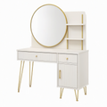 Coiffeuse 100 x 45 x 140 cm en panneau de bois blanc et métal doré avec miroir rond et rangements