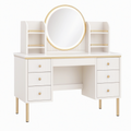 Coiffeuse 120 x 45 x 150 cm blanche et dorée en panneaux de bois avec miroir éclairé et rangements