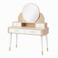Coiffeuse 100 x 45 x 150 cm aspect bois naturel blanc avec miroir rond et 4 tiroirs style moderne