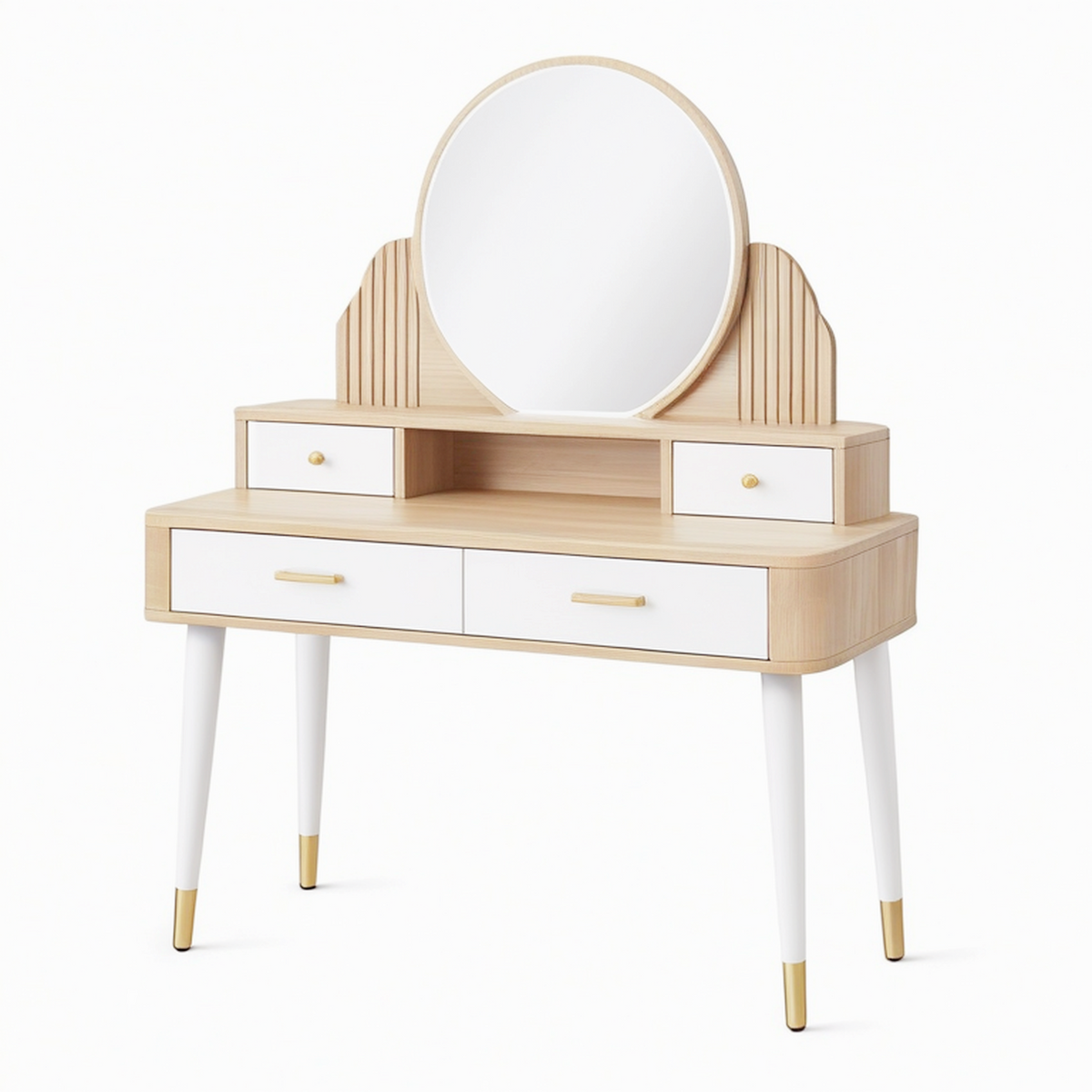 Coiffeuse 100 x 45 x 150 cm aspect bois naturel blanc avec miroir rond et 4 tiroirs style moderne