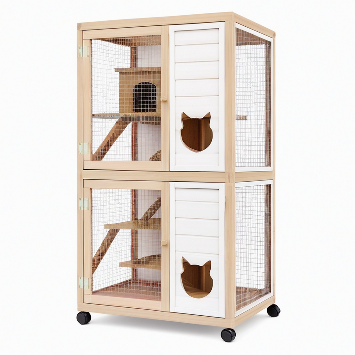 Cage pour chat 70 x 55 x 150 cm en bois naturel et blanc à roulettes