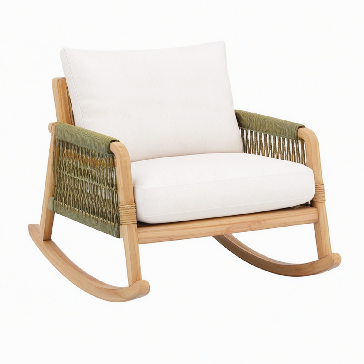 Fauteuil à bascule 76 x 92 x 92 cm en bois corde vert olive et tissu écru style naturel